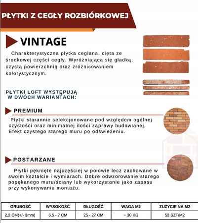 PŁYTKI Z CEGŁY ROZBIÓRKOWEJ VINTAGE PREMIUM 7x27x2