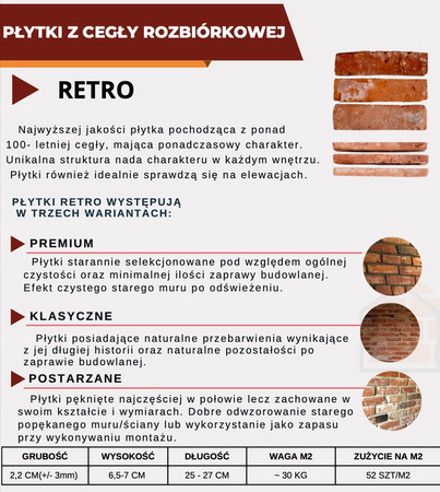 PŁYTKI Z CEGŁY ROZBIÓRKOWEJ RETRO PREMIUM 7x27x2
